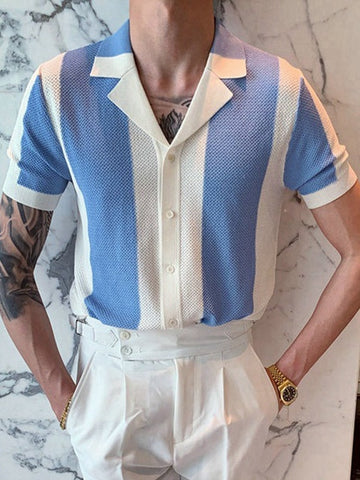 Wiaofellas Summer Short Sleeve Knitted Polo Shirt Casual Men Button-up Turn-down Collar Tops Mens Fashion Striped Polos Man Streetwear
